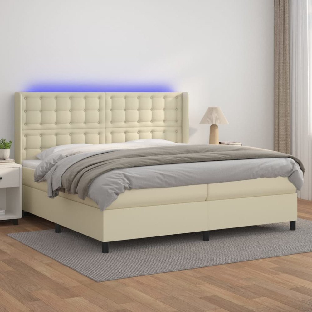 vidaXL Ramsäng med madrass & LED gräddvit 200x200 cm konstläder