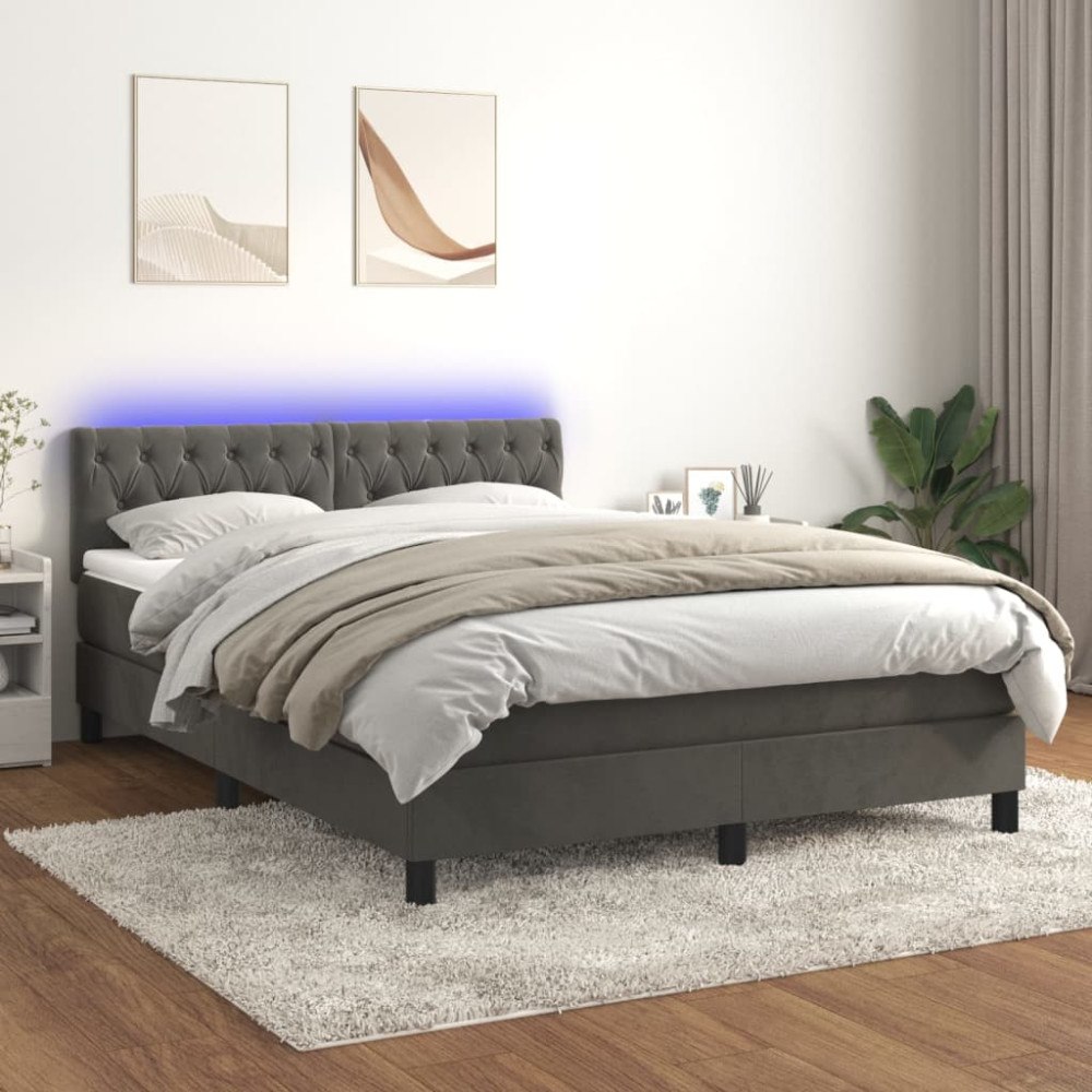 vidaXL Resårsäng med madrass och LED mörkgrå 140x200 cm sammet