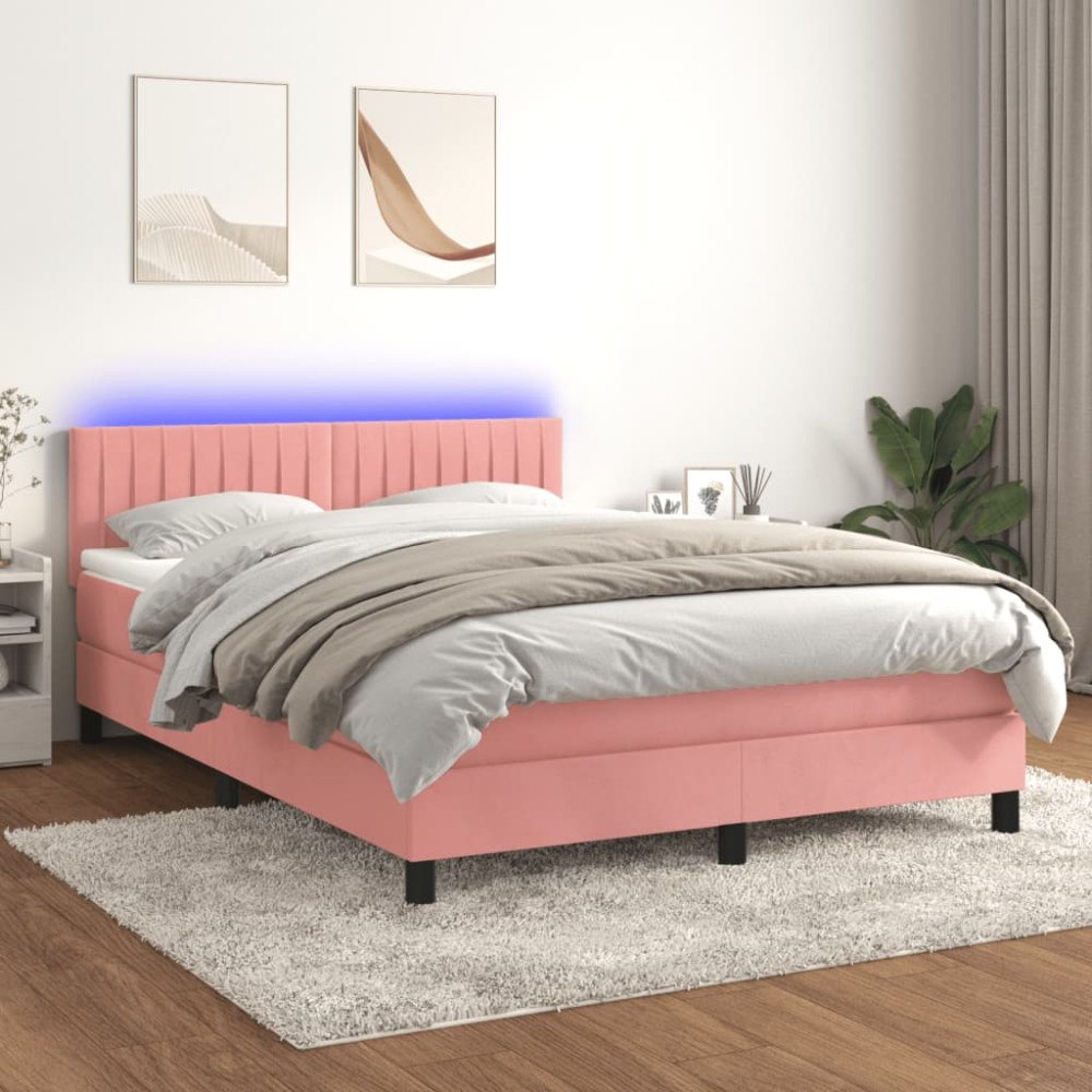 vidaXL Ramsäng med madrass & LED rosa 140x200 cm sammet
