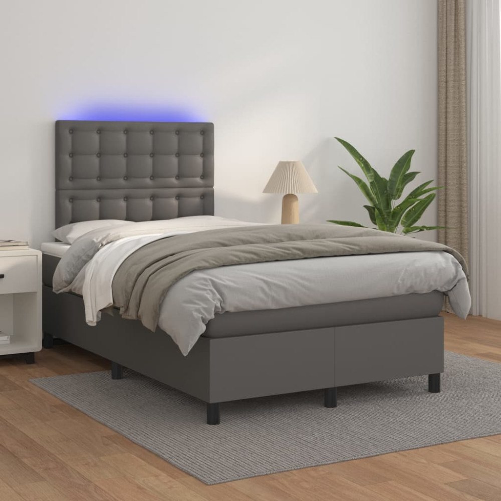 vidaXL Ramsäng med madrass & LED grå 120x200 cm konstläder