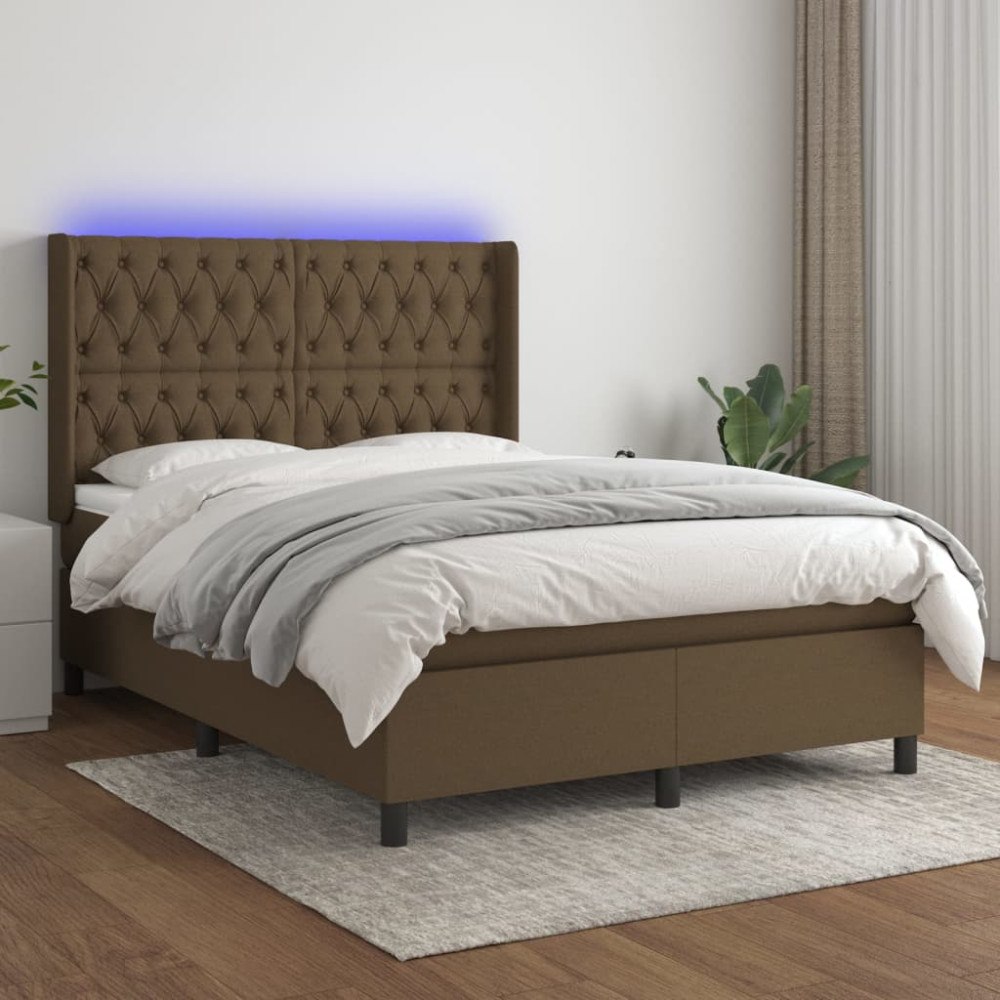 vidaXL Ramsäng med madrass & LED mörkbrun 140x190 cm tyg