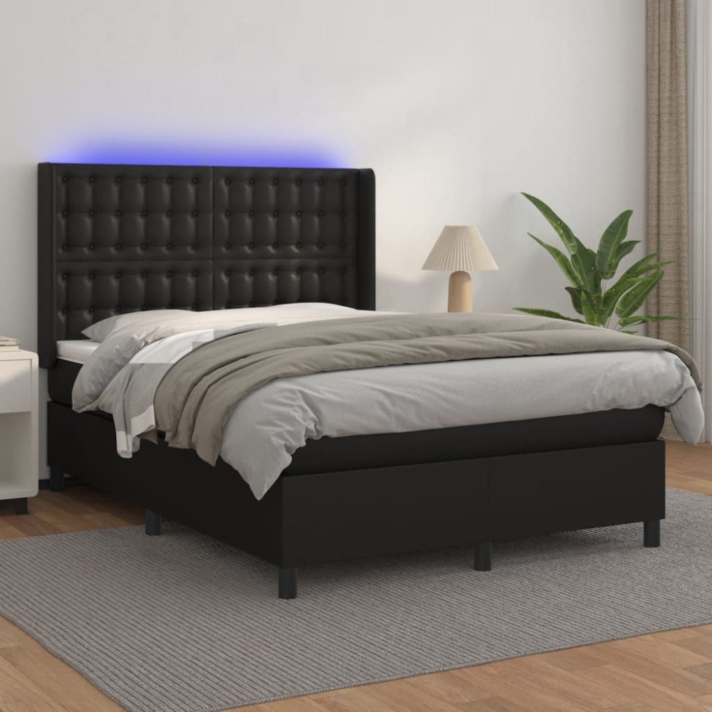 vidaXL Ramsäng med madrass & LED svart 140x190 cm konstläder