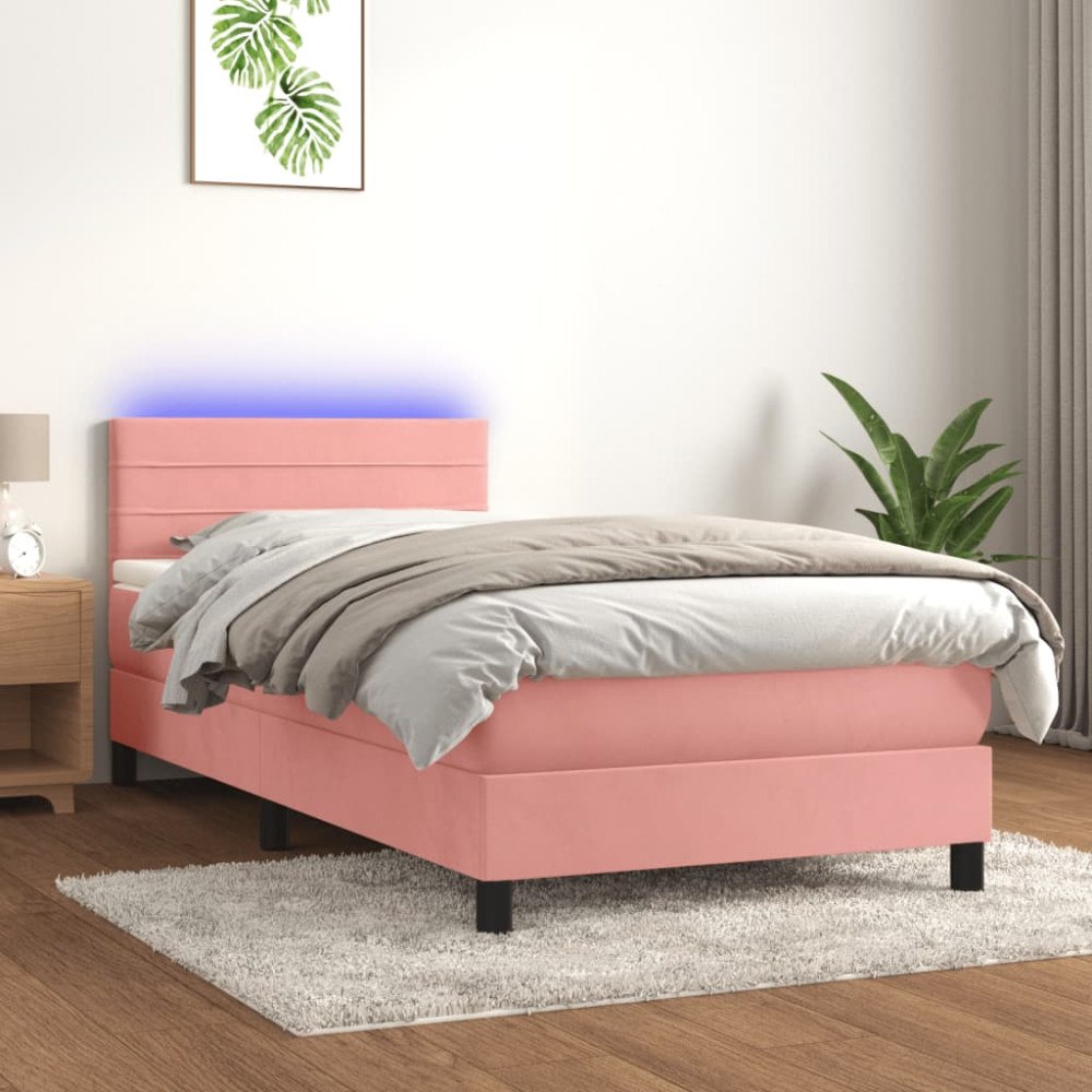 vidaXL Ramsäng med madrass & LED rosa 90x200 cm sammet