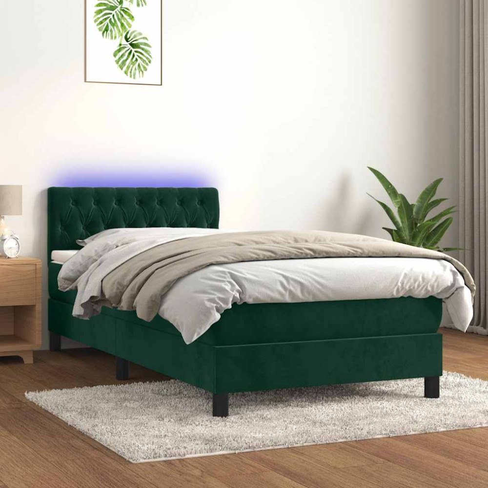 vidaXL Resårsäng med madrass och LED mörkgrön 100x200 cm sammet
