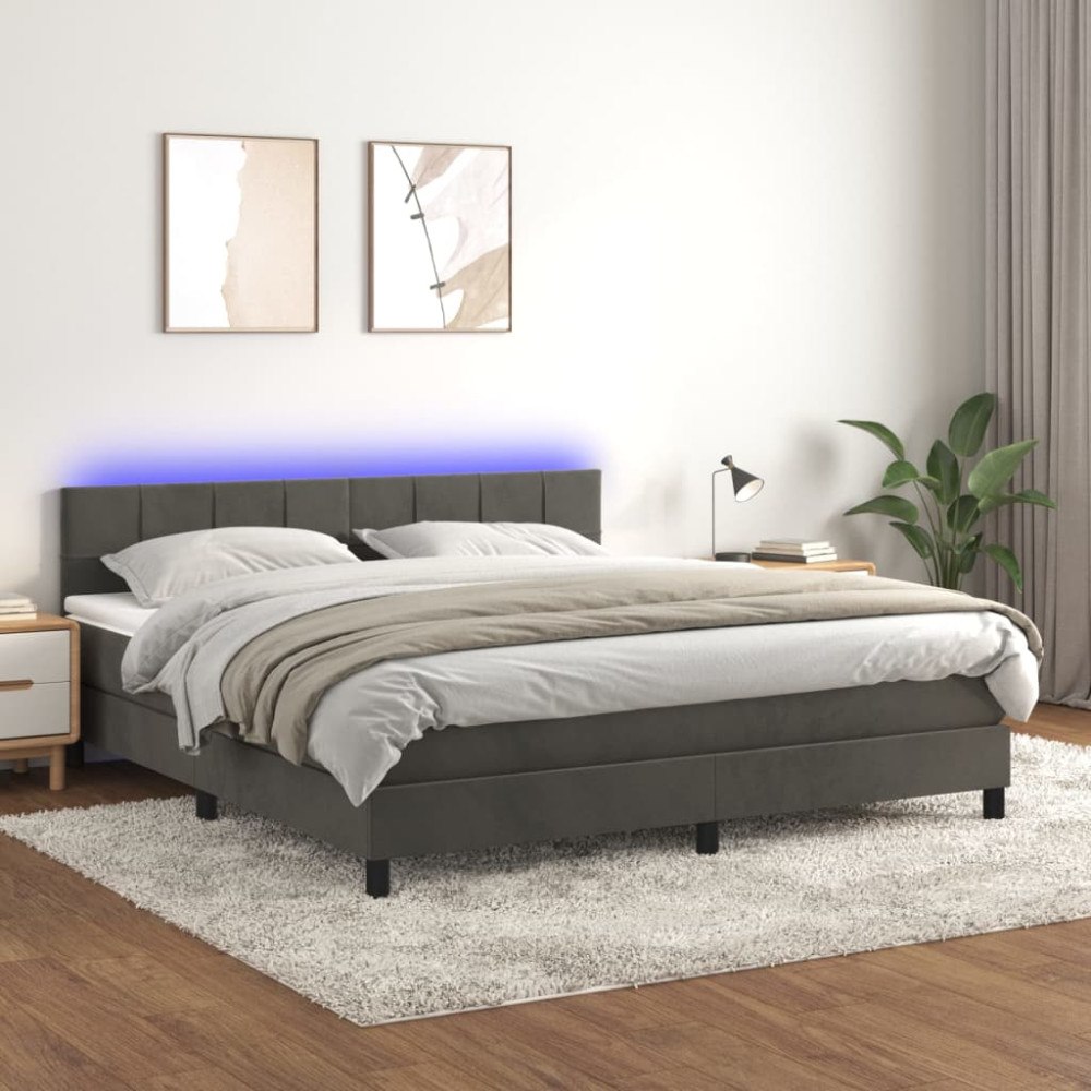 vidaXL Resårsäng med madrass och LED mörkgrå 180x200 cm sammet