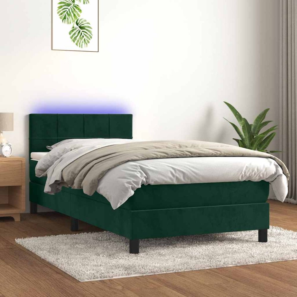 vidaXL Resårsäng med madrass och LED mörkgrön 80x200 cm sammet