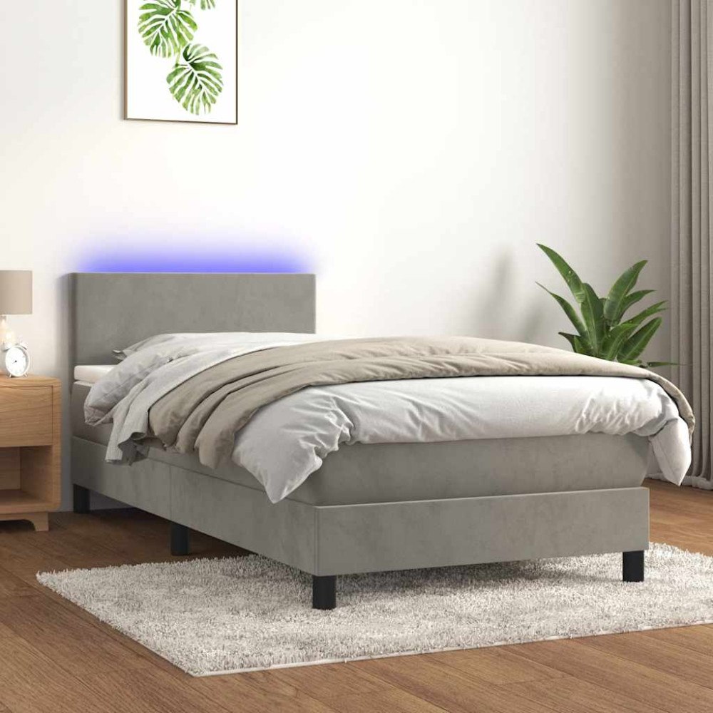 vidaXL Resårsäng med madrass och LED ljusgrå 80x200 cm sammet