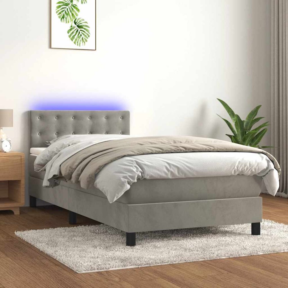 vidaXL Resårsäng med madrass och LED ljusgrå 80x200 cm sammet