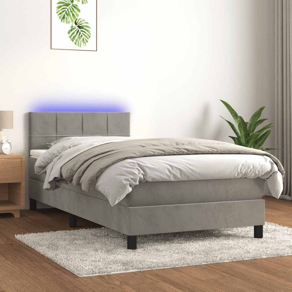 vidaXL Resårsäng med madrass och LED ljusgrå 80x200 cm sammet