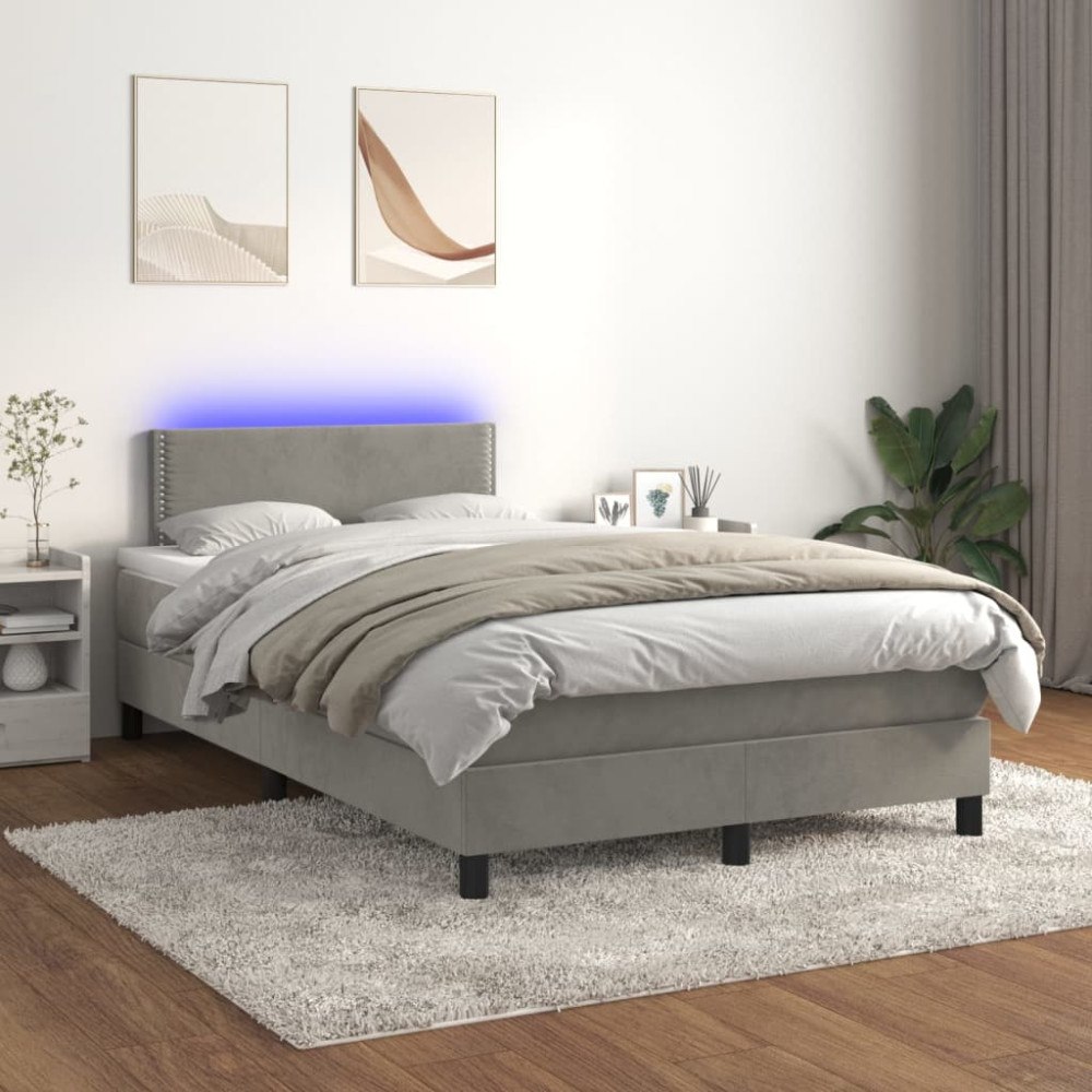 vidaXL Resårsäng med madrass och LED ljusgrå 120x200 cm sammet