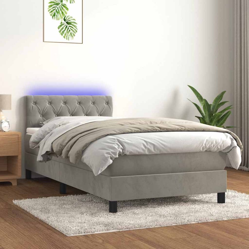vidaXL Resårsäng med madrass och LED ljusgrå 80x200 cm sammet