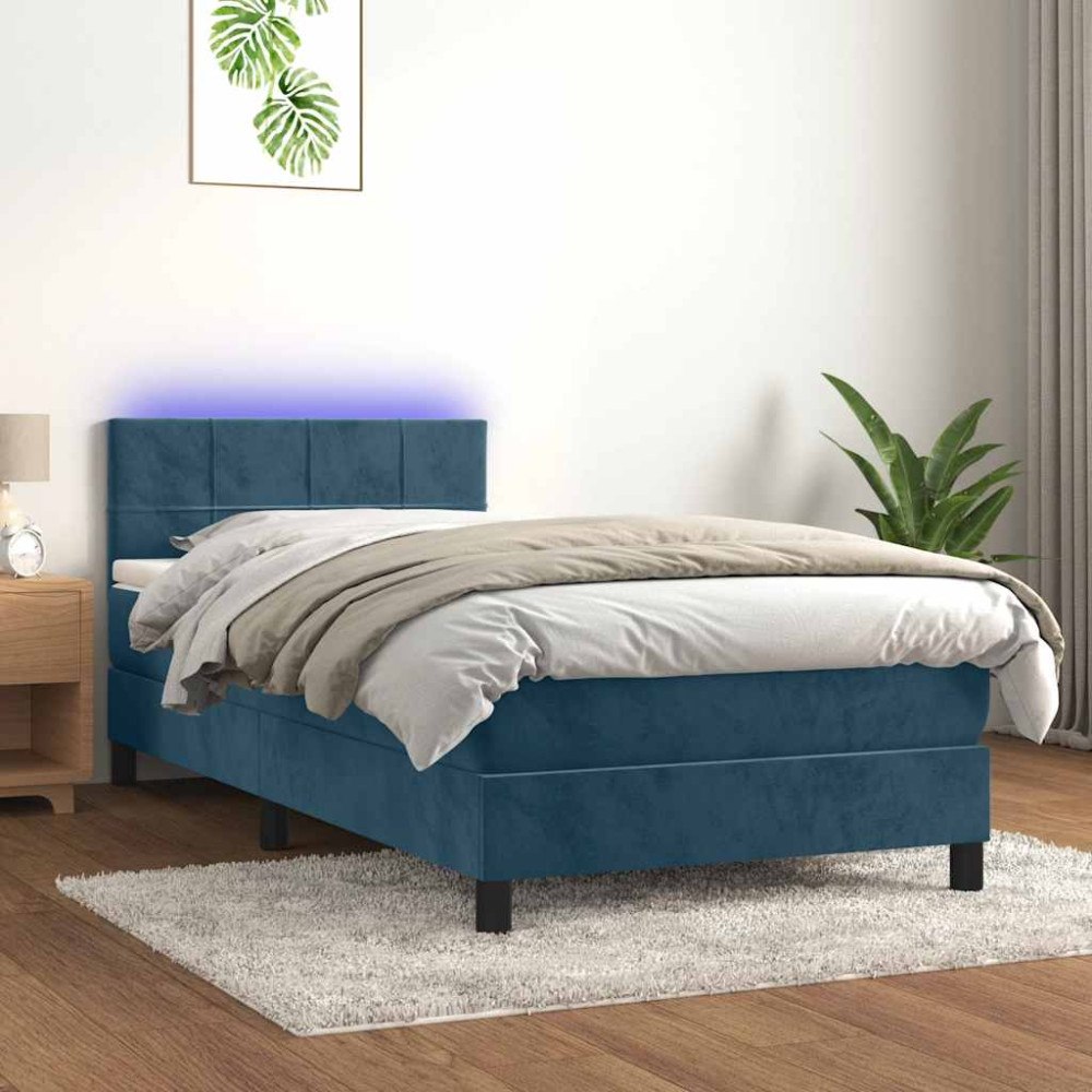 vidaXL Resårsäng med madrass och LED mörkblå 90x190 cm sammet