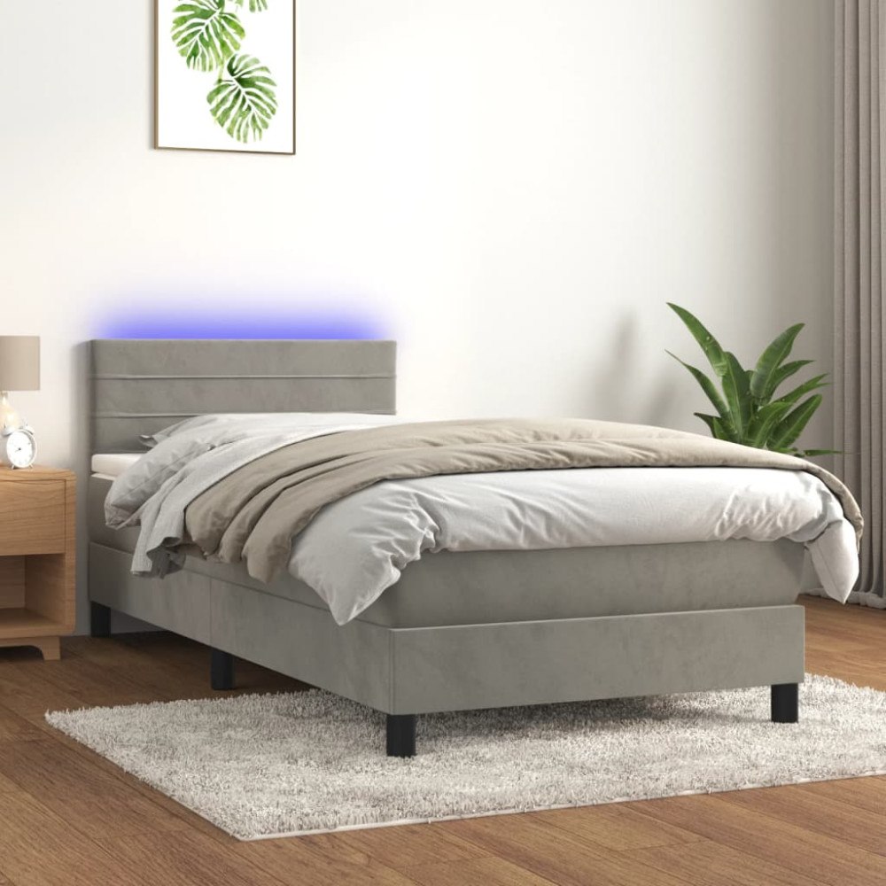 vidaXL Resårsäng med madrass och LED ljusgrå 90x190 cm sammet