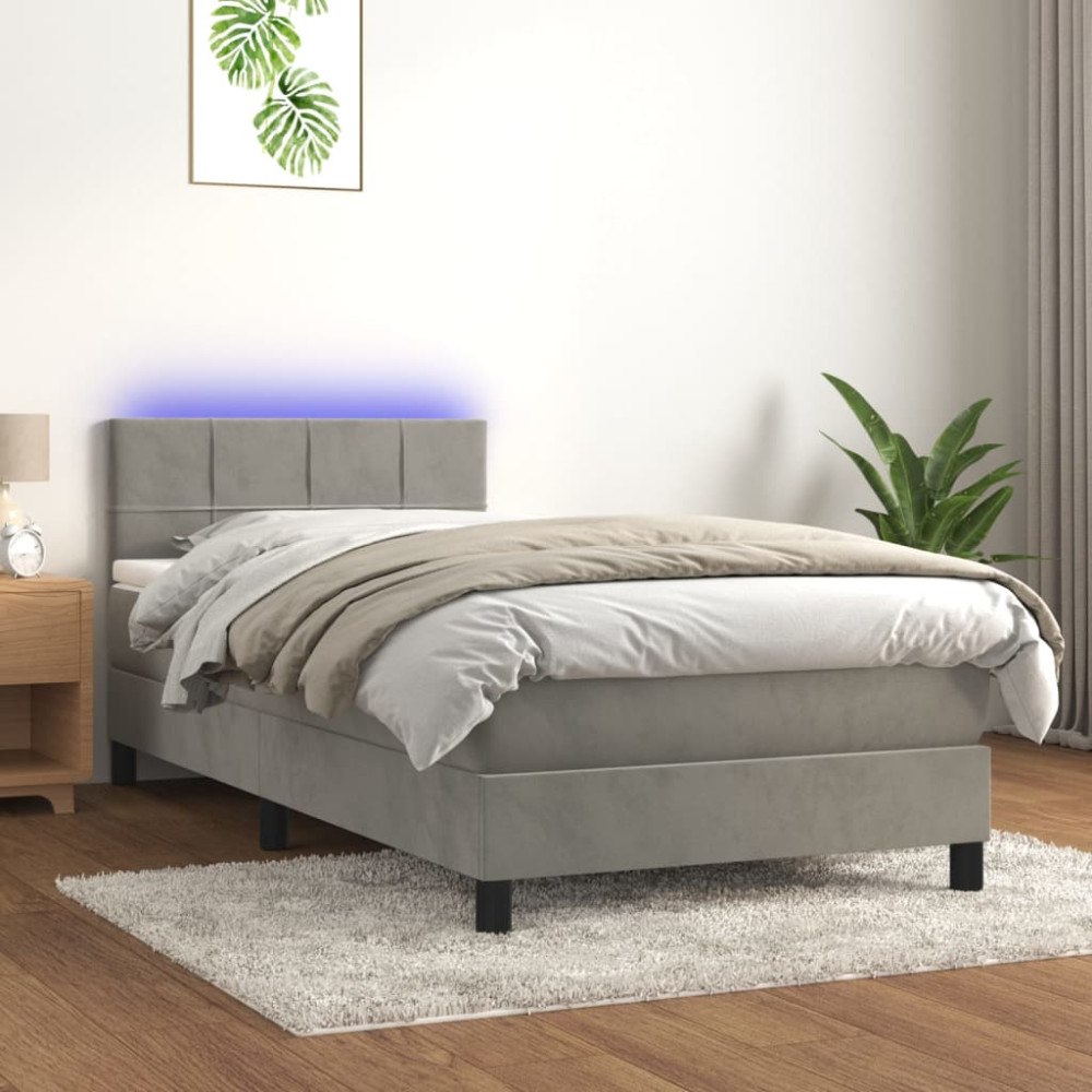 vidaXL Resårsäng med madrass och LED ljusgrå 90x190 cm sammet