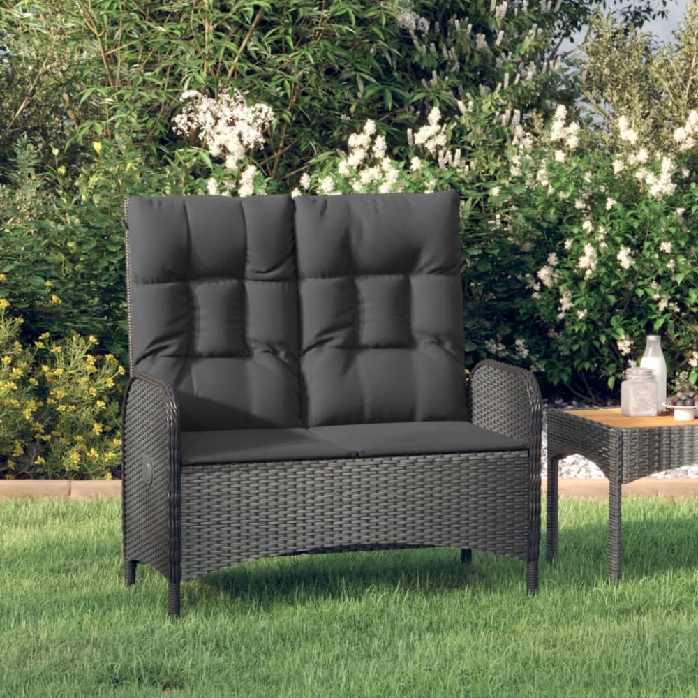 vidaXL Justerbar trädgårdsbänk med dynor 107 cm konstrotting svart