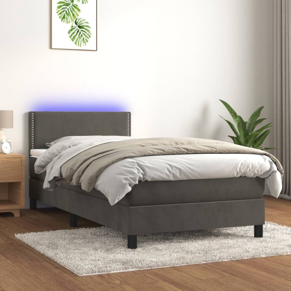 vidaXL Resårsäng med madrass och LED mörkgrå 100x200 cm sammet