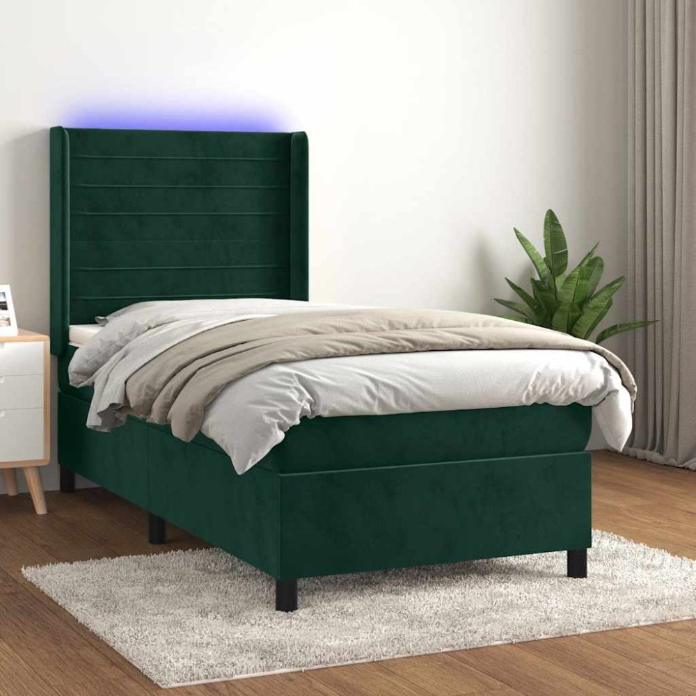 vidaXL Ramsäng med madrass & LED mörkgrön 90x200 cm sammet