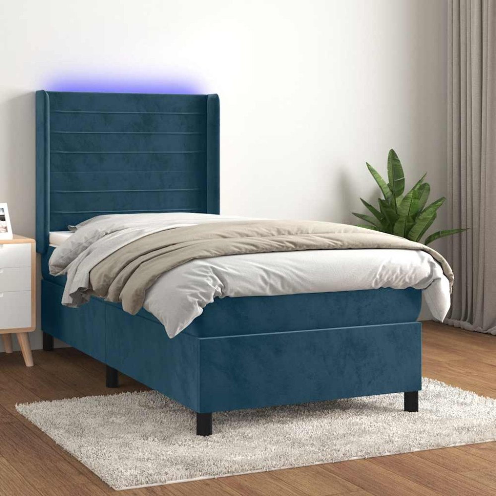 vidaXL Ramsäng med madrass & LED mörkblå 90x200 cm sammet