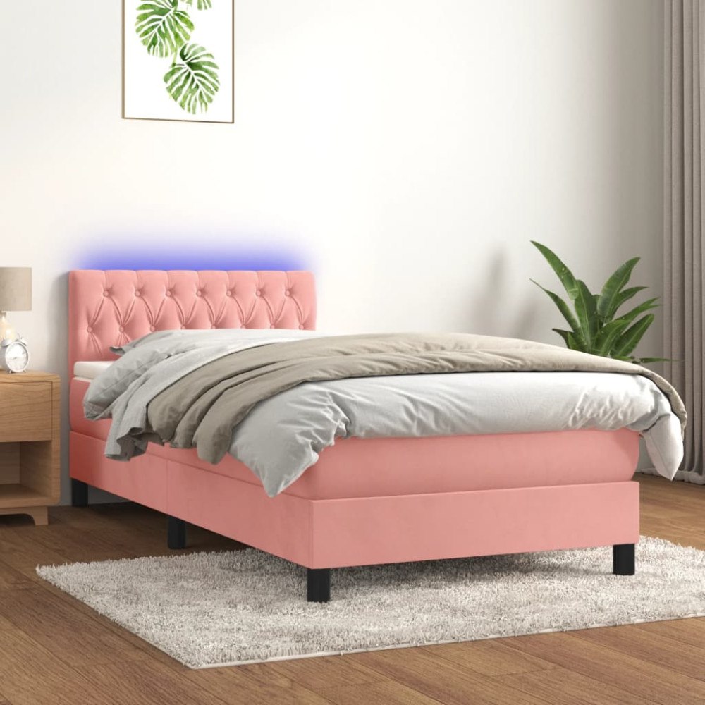 vidaXL Ramsäng med madrass & LED rosa 90x190 cm sammet