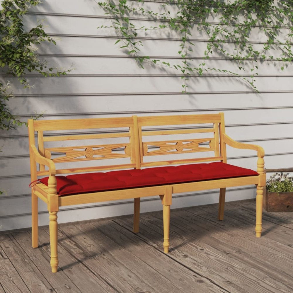 vidaXL Bataviabänk med röd dyna 150 cm massiv teak