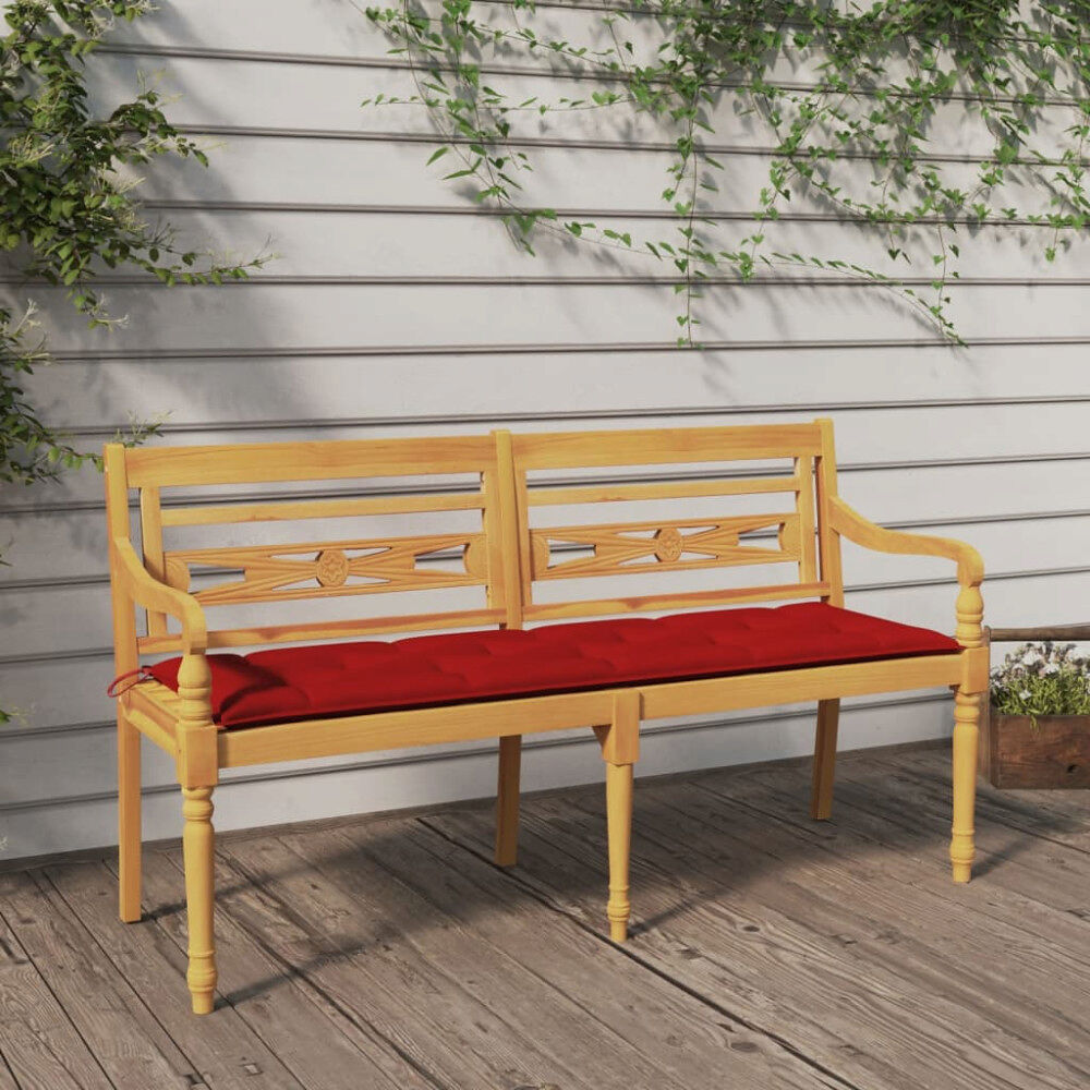 vidaXL Bataviabänk med röd dyna 150 cm massiv teak