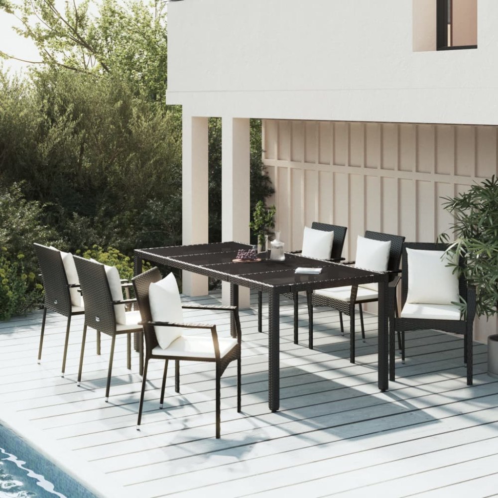 vidaXL Matgrupp för trädgården med dynor 7 delar svart konstrotting