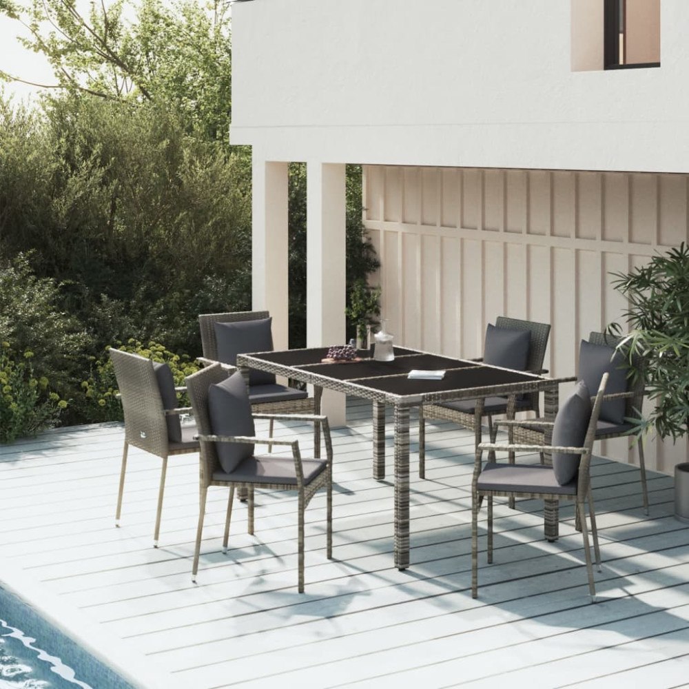 vidaXL Matgrupp för trädgården med dynor 7 delar grå konstrotting