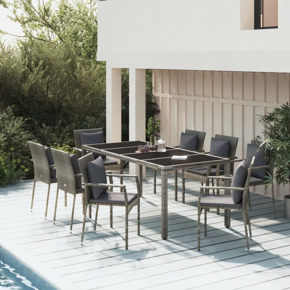 vidaXL Matgrupp för trädgården med dynor 9 delar grå konstrotting