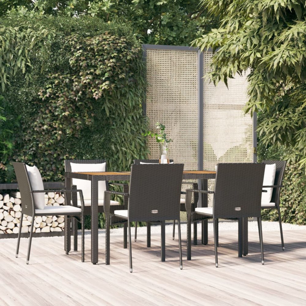 vidaXL Matgrupp för trädgården med dynor 7 delar svart konstrotting