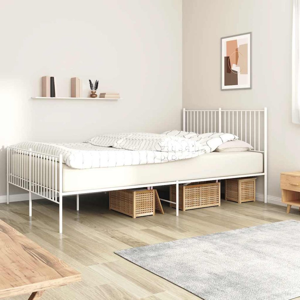 vidaXL Sängram med huvudgavel och fotgavel vit metall 160x200 cm