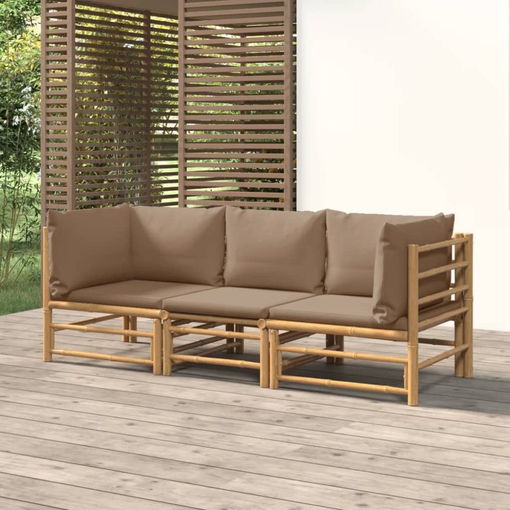 vidaXL Loungegrupp för trädgården 3 delar taupe dynor bambu