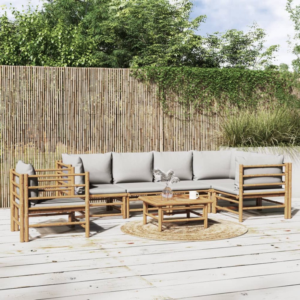 vidaXL Loungegrupp 7 delar ljusgråa dynor bambu