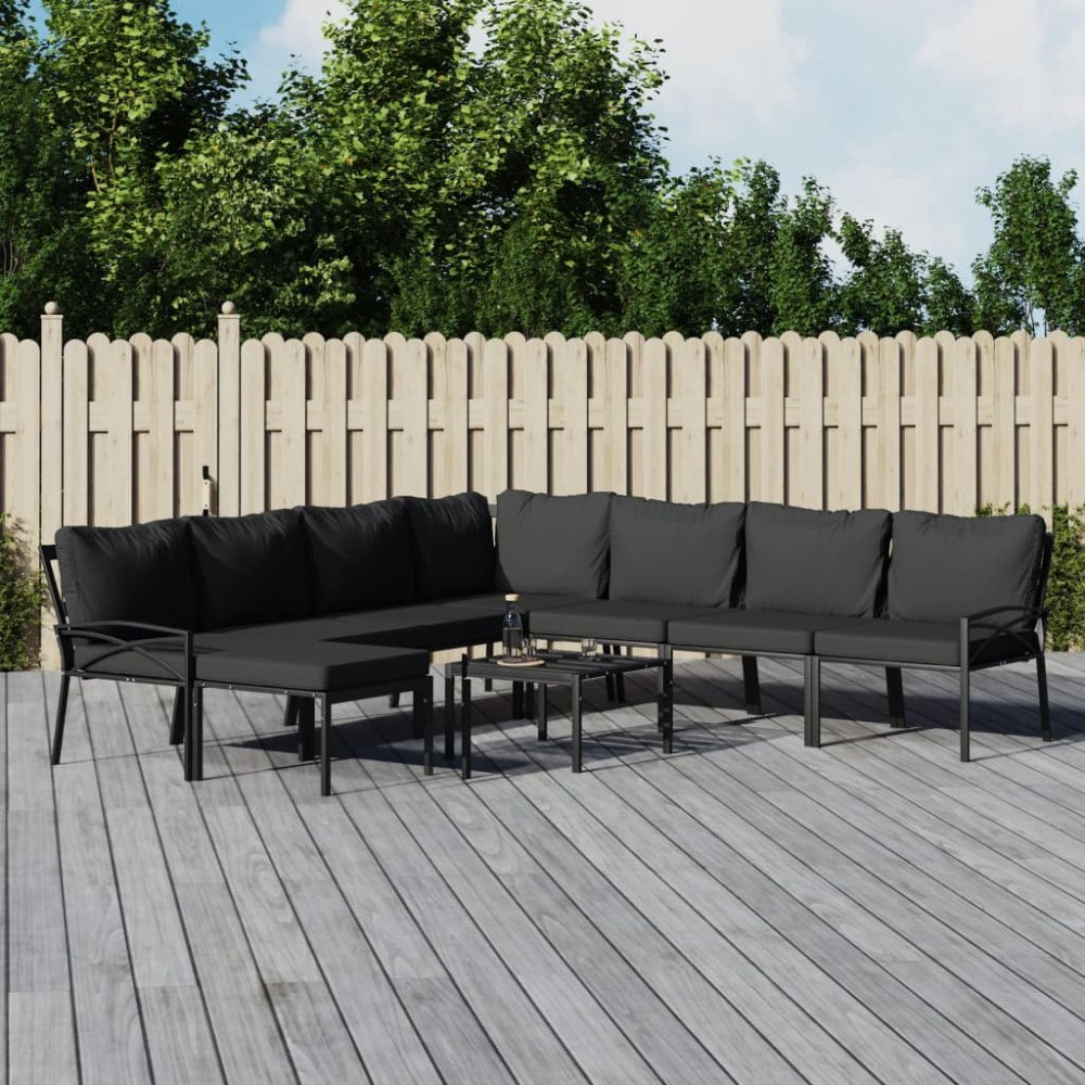 vidaXL Loungegrupp för trädgården med grå dynor 9 delar stål