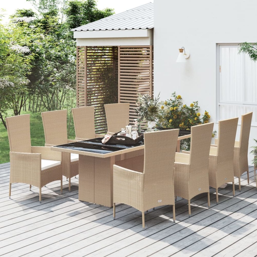 vidaXL Matgrupp för trädgården med dynor 9 delar beige konstrotting