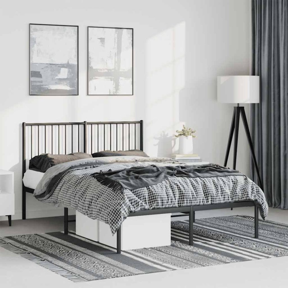 vidaXL Sängram med huvudgavel metall svart 135x190 cm