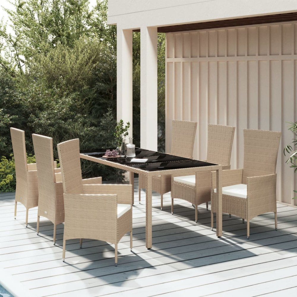 vidaXL Matgrupp för trädgården med dynor 7 delar beige konstrotting