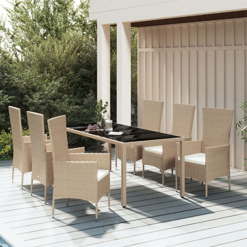 vidaXL Matgrupp för trädgården med dynor 7 delar beige konstrotting