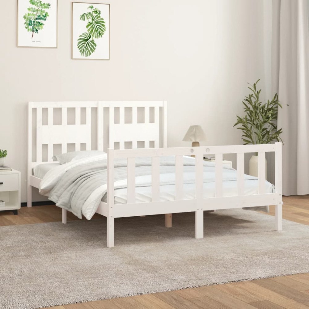 vidaXL Sängram med huvudgavel vit massiv furu 140x200 cm