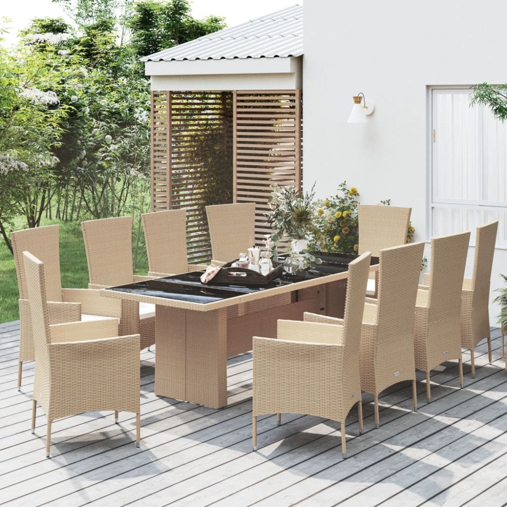 vidaXL Matgrupp för trädgården med dynor 11 delar beige konstrotting