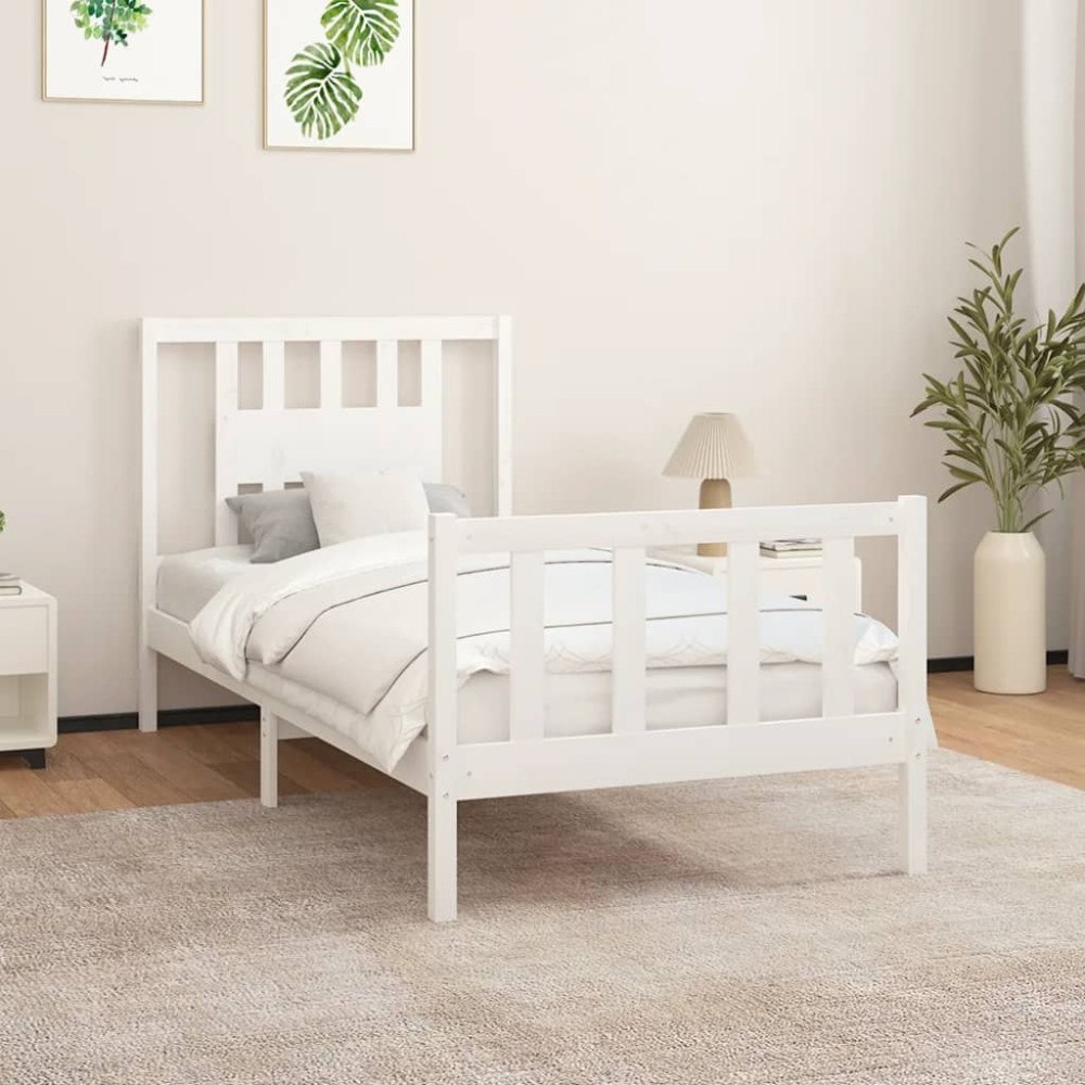 vidaXL Sängram med huvudgavel vit massiv furu 90x200 cm