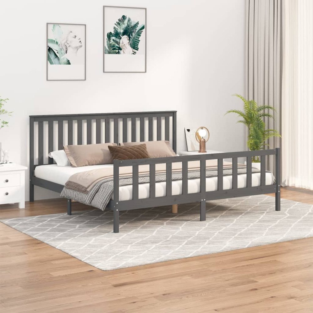 vidaXL Sängram med huvudgavel grå 200x200 cm massiv furu