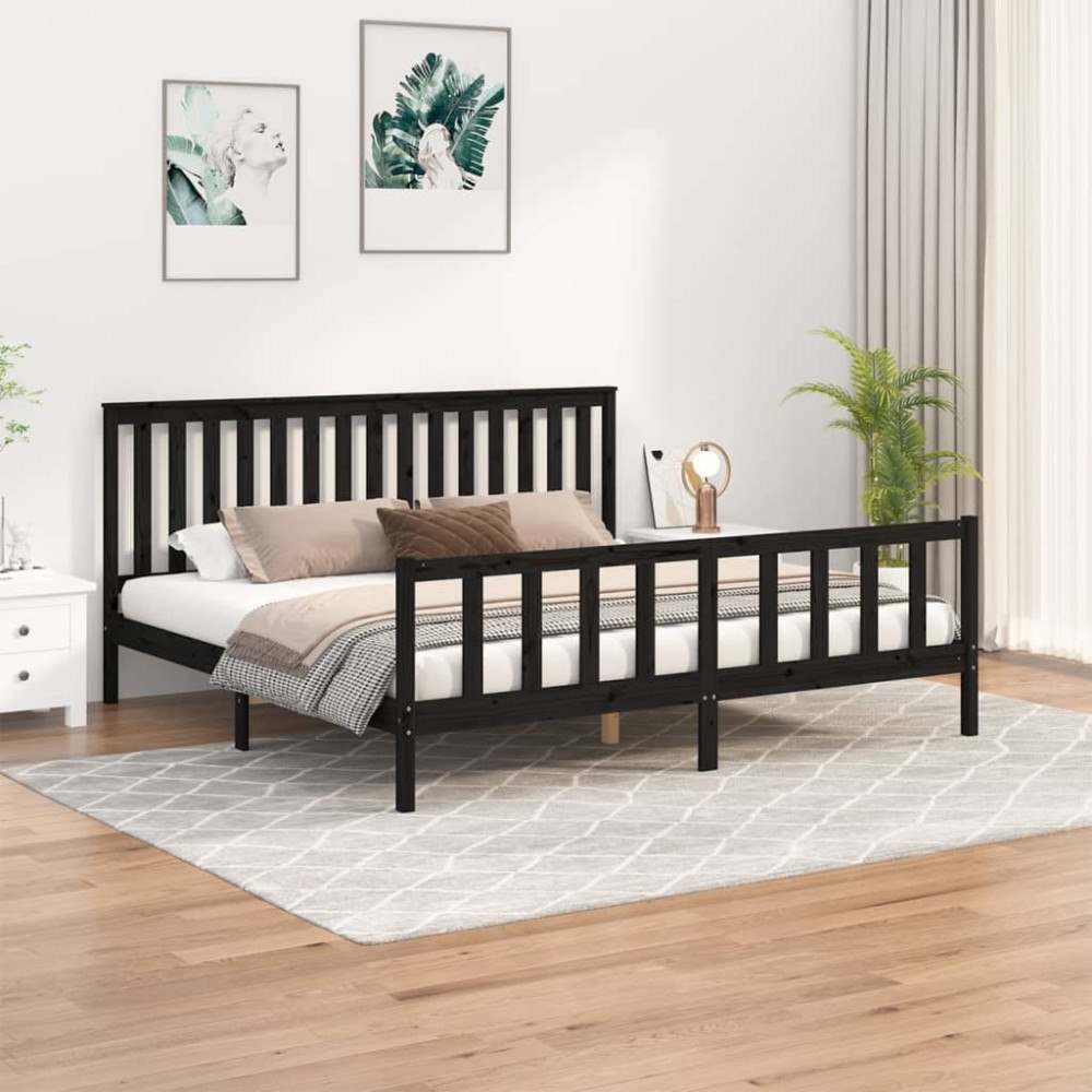 vidaXL Sängram med huvudgavel svart 200x200 cm massiv furu