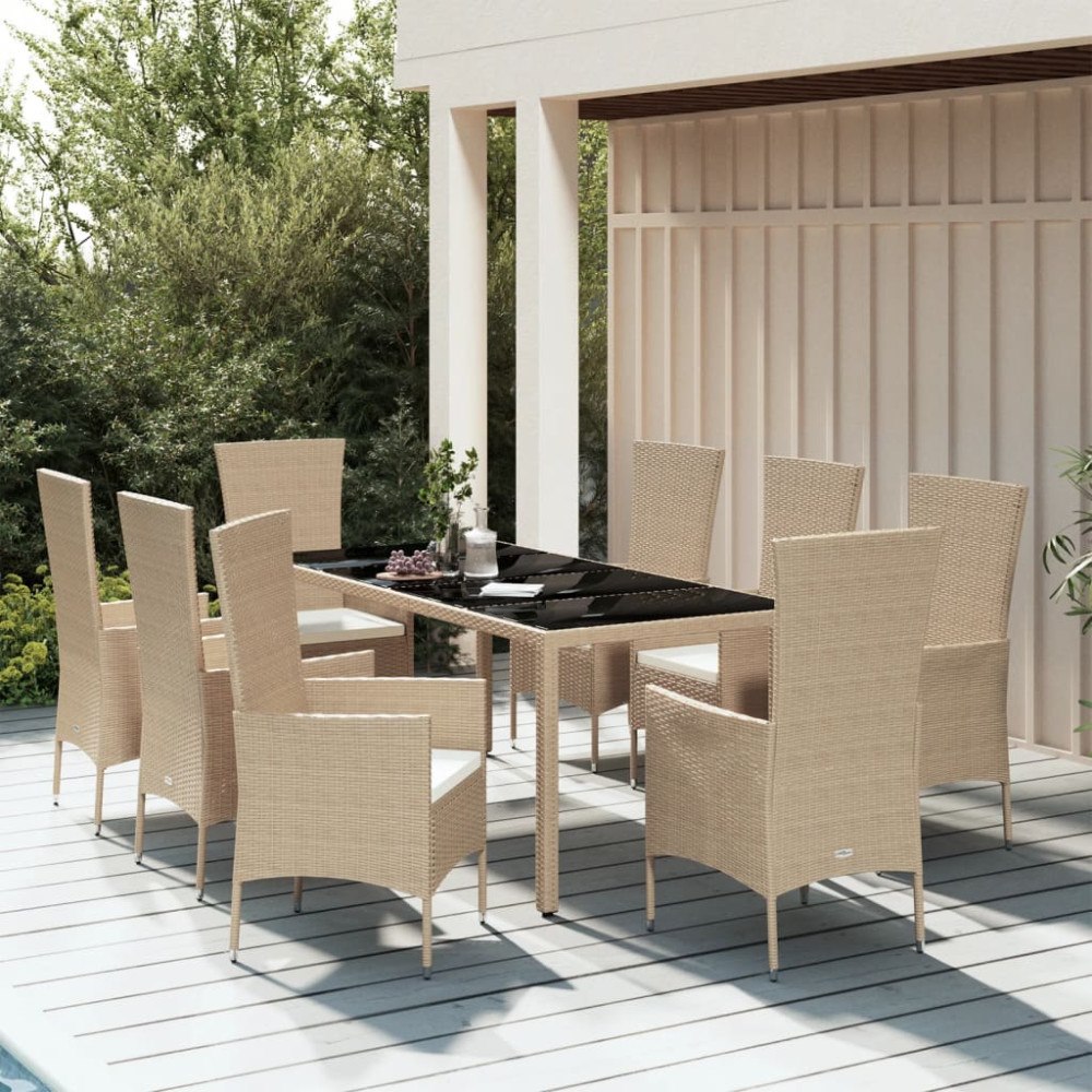 vidaXL Matgrupp för trädgården med dynor 9 delar beige konstrotting
