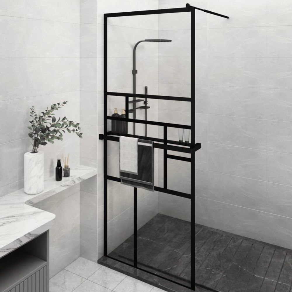 vidaXL Duschvägg med hylla svart 80x195 cm ESG-glas&aluminium