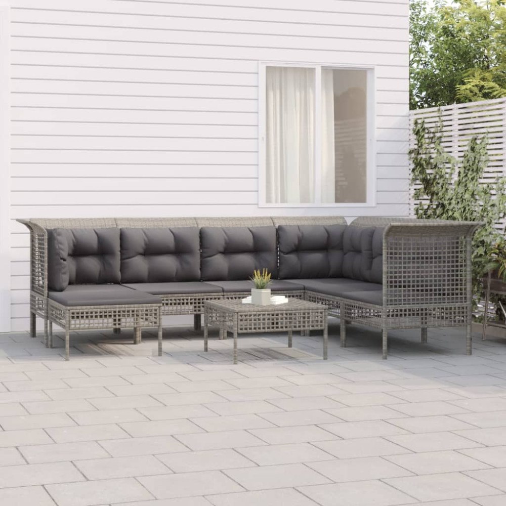 vidaXL Loungegrupp för trädgården med dynor 8 delar grå konstrotting