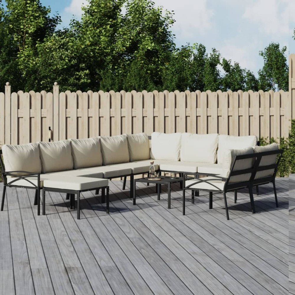 vidaXL Loungegrupp för trädgården med sandfärgade dynor 11 delar stål