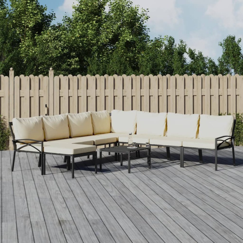 vidaXL Loungegrupp för trädgården med sandfärgade dynor 9 delar stål