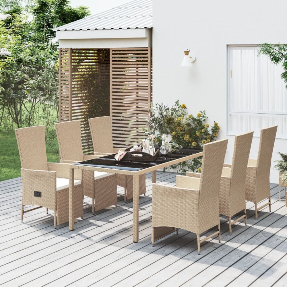 vidaXL Matgrupp för trädgården med dynor 7 delar beige konstrotting