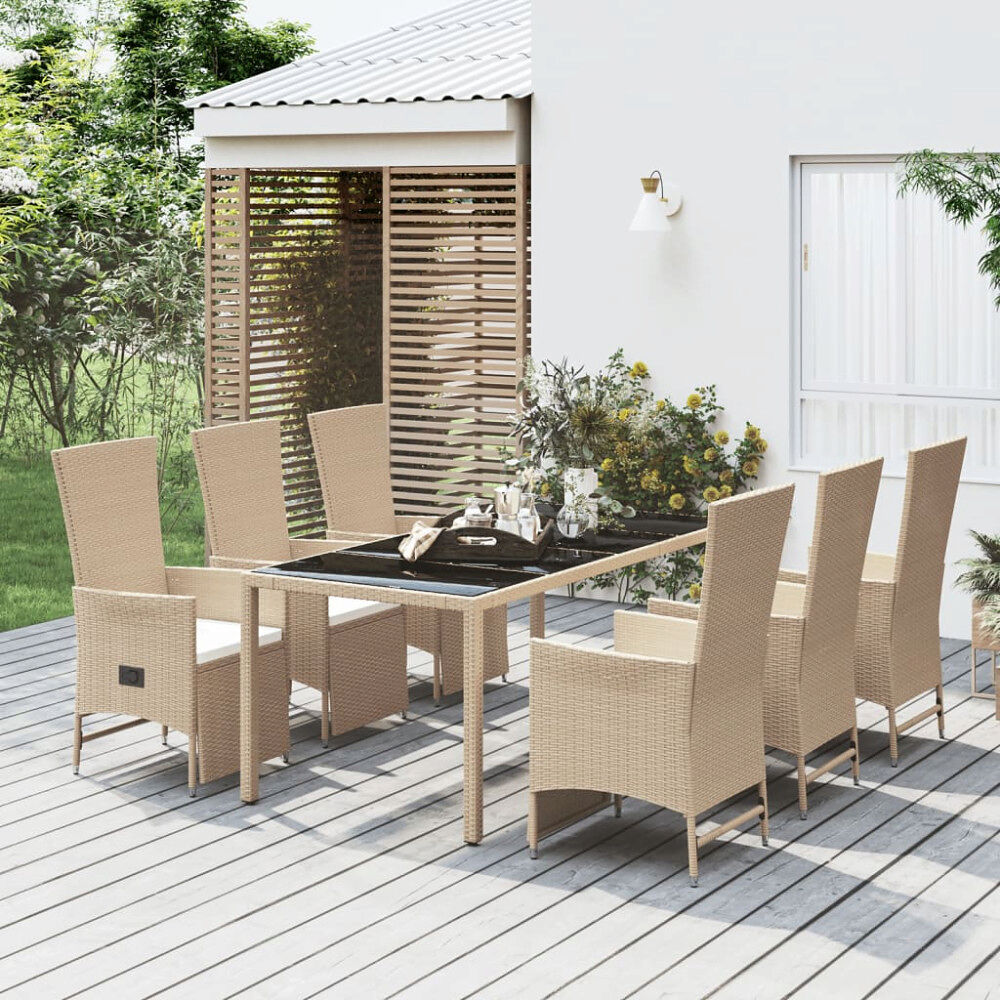 vidaXL Matgrupp för trädgården med dynor 7 delar beige konstrotting
