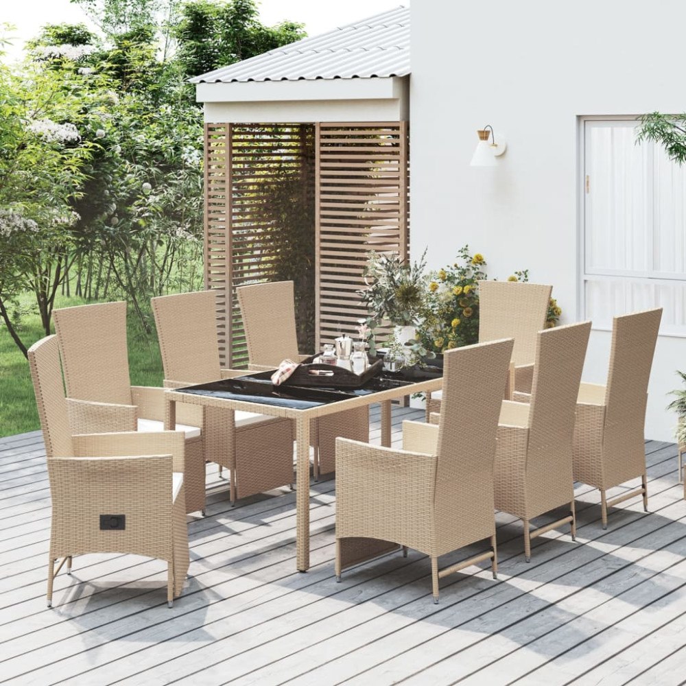 vidaXL Matgrupp för trädgården med dynor 9 delar beige konstrotting